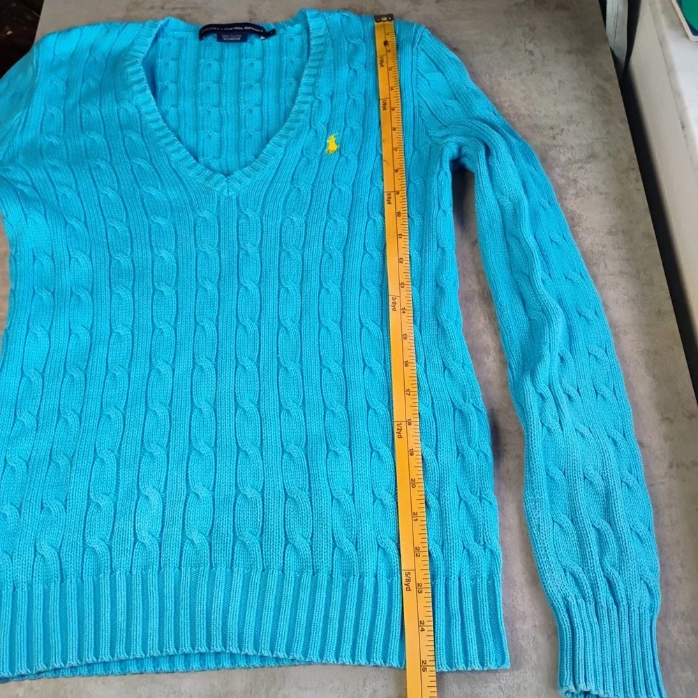 Ralph Lauren Sport Cable Knit Sweater Womens Medium Blue Yellow Pony Logo Preppy